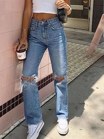 Airchics jeans droit genou découpé ample mode femme baggy pantalon bleu